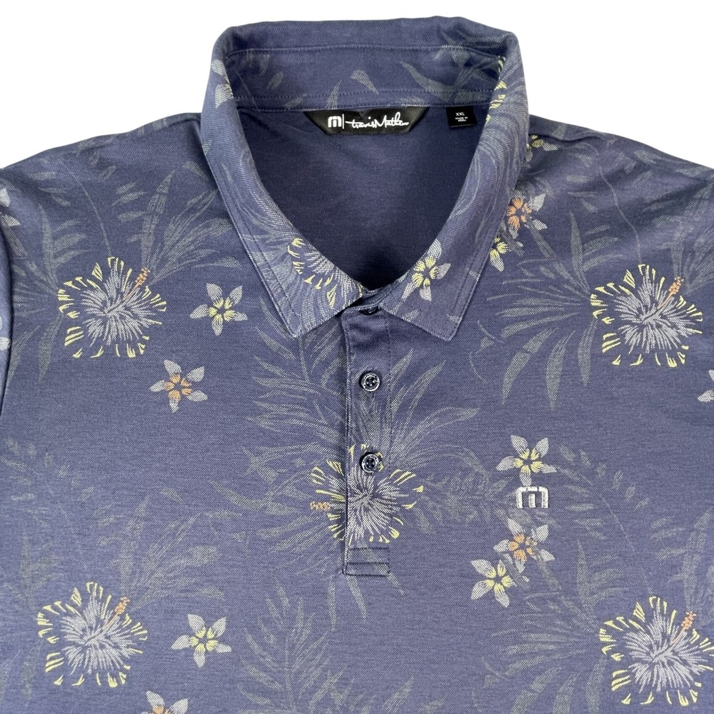 TravisMathew Polo Mens XXL Blue Floral Tropical Short Sleeve Golf Shirt Casual